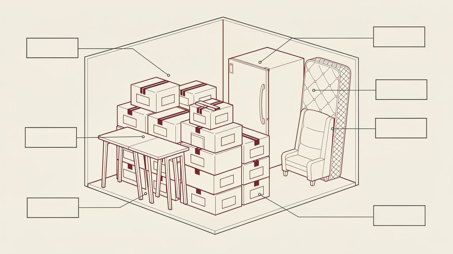 Cutaway diagram of a packed storage unit showing heavy boxes stacked low, furniture stored on end and an appliance door left ajar